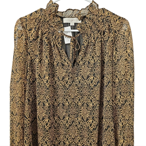 Loft Black Gold Shirred Mock Neck pattern Blouse Size Meduim NWT - Picture 3 of 9